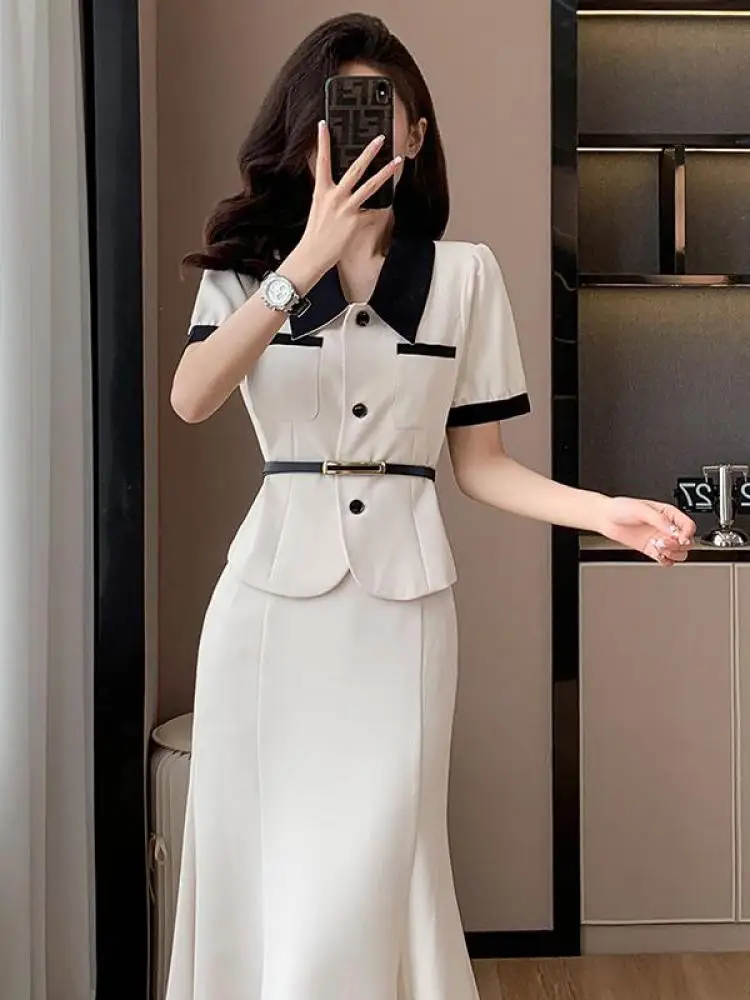Conjunto elegante de 2 piezas para mujer, Blazer de retazos negro Vintage + falda de cola de pez de cintura alta, traje de ropa Y2k de moda coreana, novedad de verano