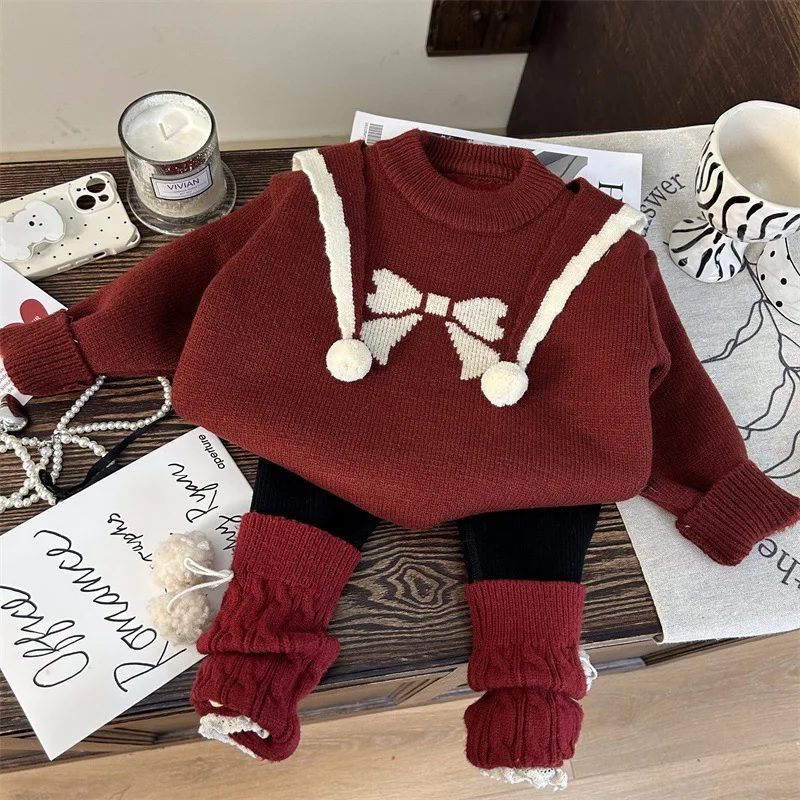 

Children's Clothing New Winter Girls' Red Shawl Sweater Pile Socks Fleece-Lined Leggings Two-Piece Set Trendy