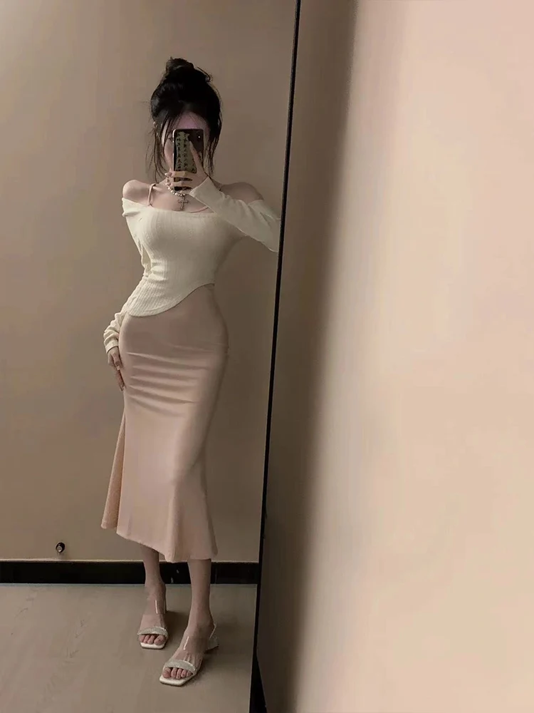 

Sexy Knitted Shoulder Bared Women's Outfit plus Size Slimming Hot Girl Set with Wrap around Skirt Korean Style Commute Wind