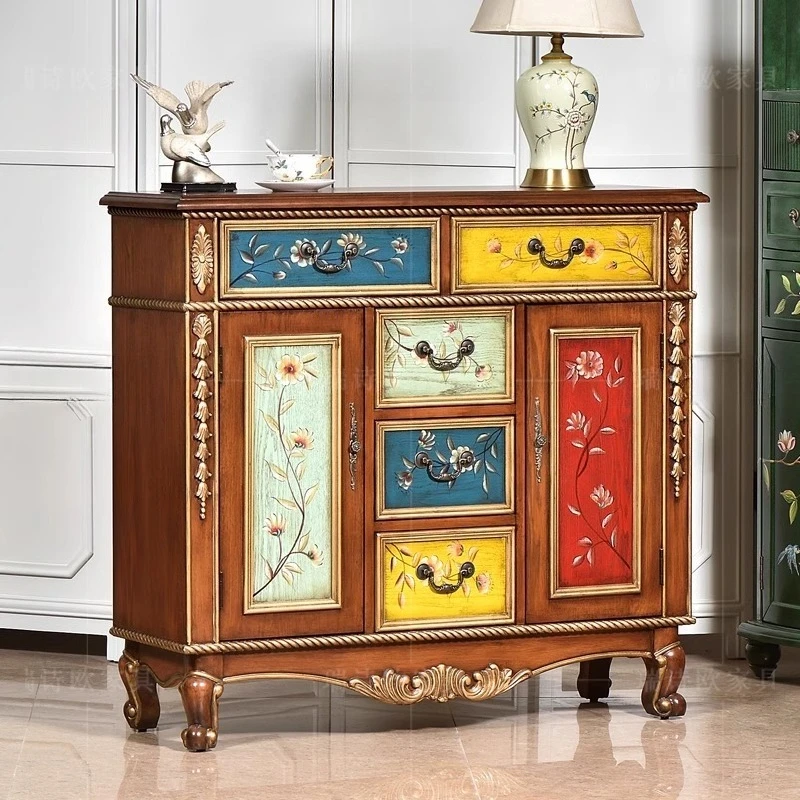 

American rural entrance cabinet painted retro brown drawer storage side cabinet opposite door carved locker