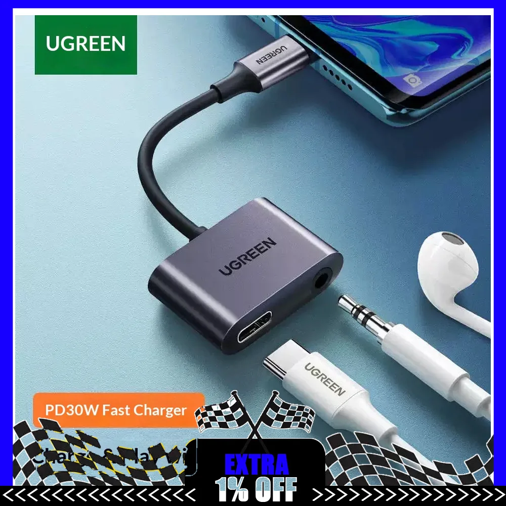 UGREEN 60165 CM232 USB-C to 3.5mm Headphone Adapter 2-in-1 Audio Converter for Android Phones Tablets