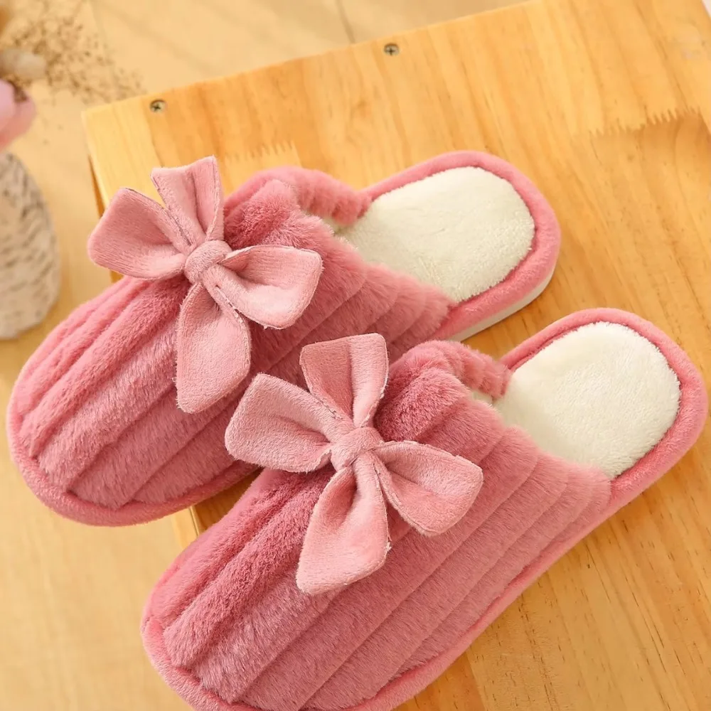 Winter Fashionable Versatile Comfort Cotton Slippers for Girls Butterfly Knot Indoor Home Wear Ladies Slip-On Shoes