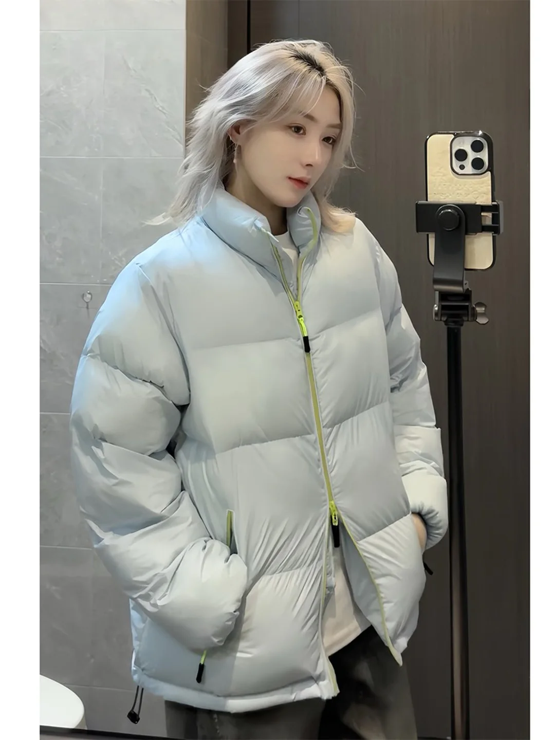 

Cleanfit American Sle ort Bread Jaet Men's Pure Color Stand Collar Double Zipper Cotton Jaet Warm Casual Outerwear