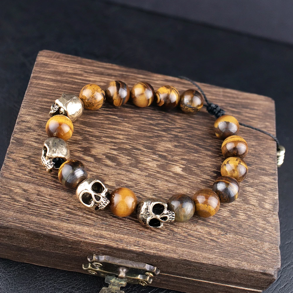 Dark Vintage Agate Skull Bracelet for Men Natural Stone Tiger Eye Charm Women Bracelet Punk Hip Hop Adjustable Jewelry Wholesale