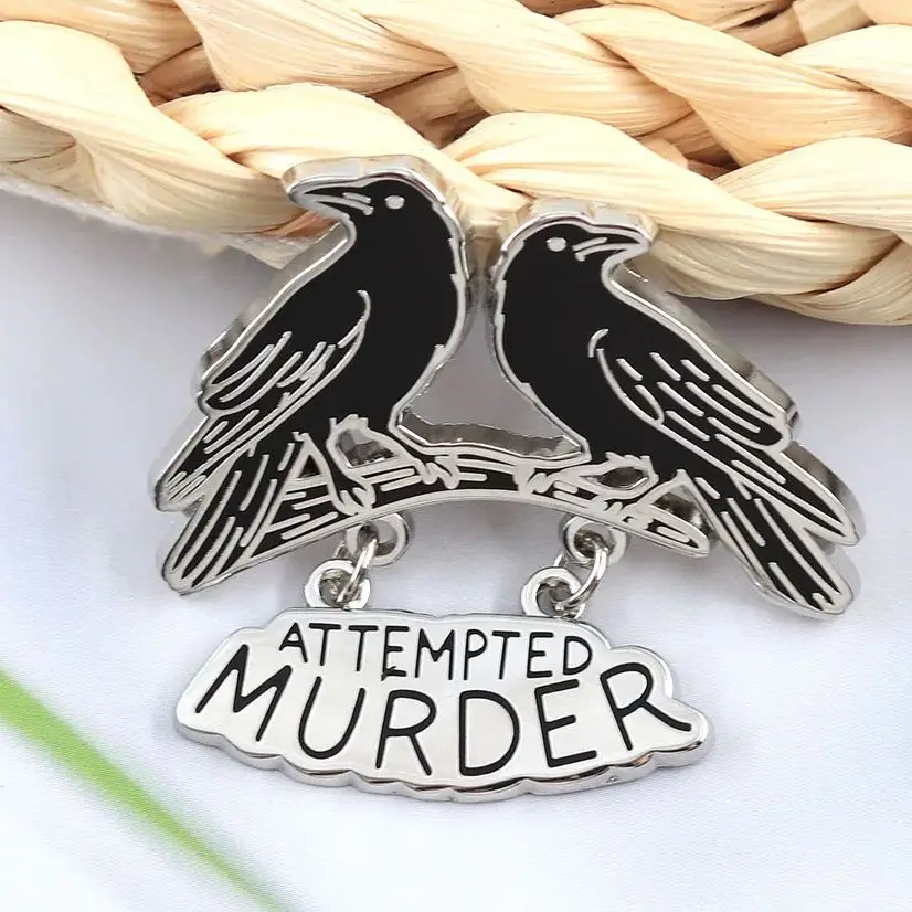 Funny Attempted Murder Enamel Pin Two Crows on a Branch Brooch Dark Humor Crow Badge Metal Lapel Pins Jewelry Gift for Friends B