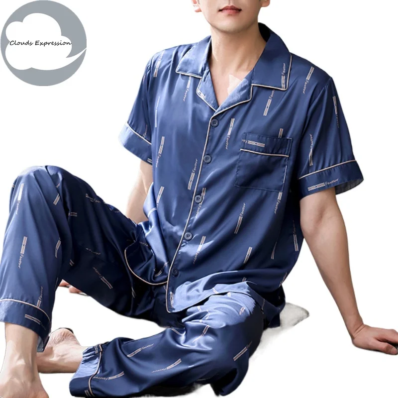 

Summer L-4XL Blue Loungewear Pyjamas imitate Silk Men's Pajama Sets Satin Pajama Male Sleepwear Pjs Nightwear Homewear Fashion