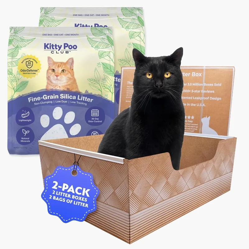 Leakproof Disposable 2-Pack Cat Litter Box with 2 Bags of 6 lbs Litters | Superior Odor Control & Recyclable Design | Perfect