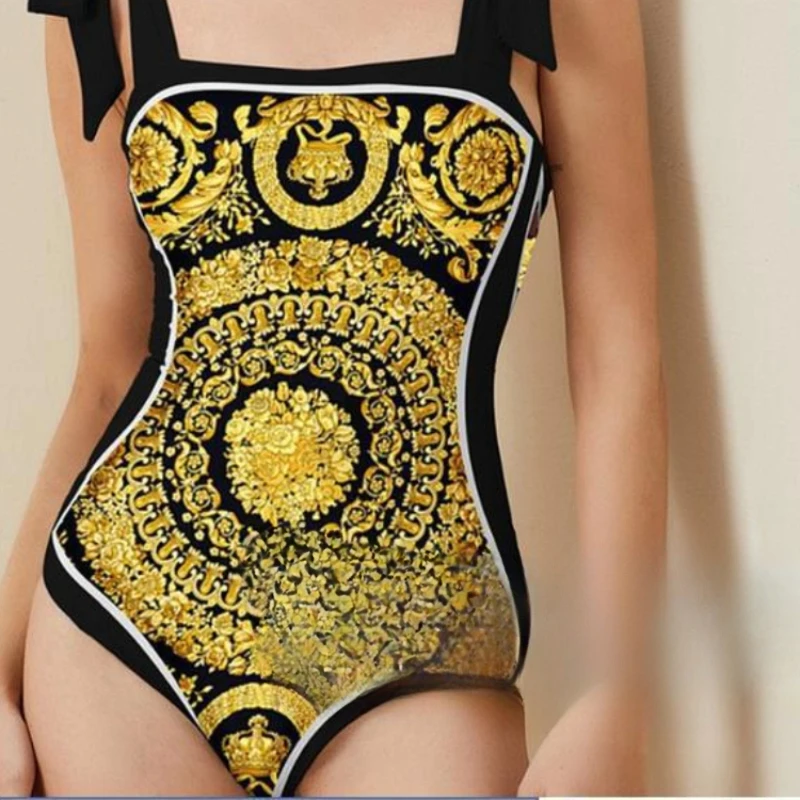 Double Sided Printed Women Swimsuit One Piece Conservative High Waisted Bikini Set Fashion French Vintage 2024 Female Swimwears