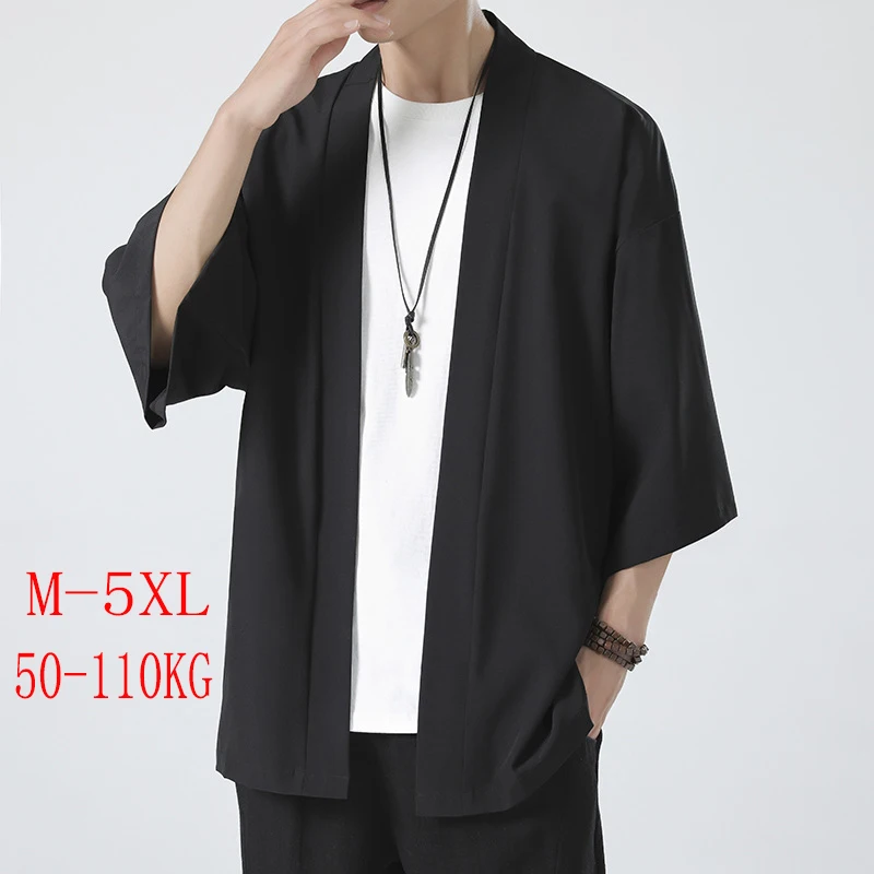 

Men's Chinese Style Kimono Cardigan Plus Size Loose Open Front Haori Summer Ice Silk Sun Protection Coat Couple Shirts M-5XL