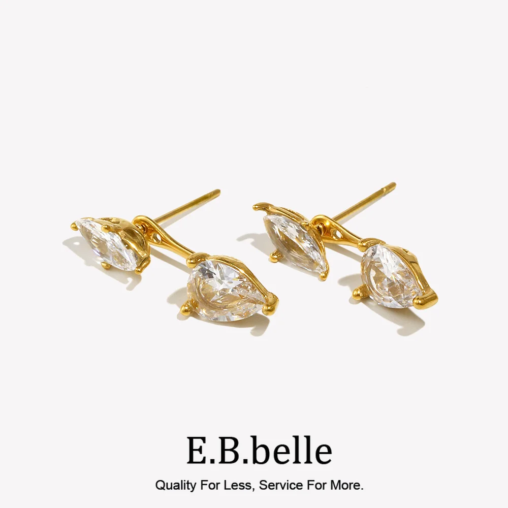 E.B.belle Water Drop Horse Eye Zircon Earrings 316L Stainless Steel 18K Gold Plated Baguette Earring Fashion Ladies Jewelry