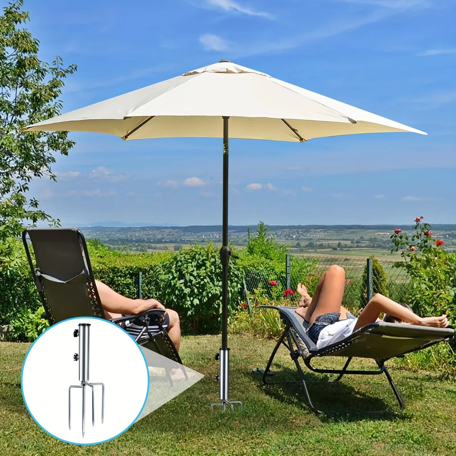 4 Nails Camping Umbrella Base with Hanging Hook Portable Beach Parasol Rod Stand Rust-proof Embedded Metal Ground Base Sunshade