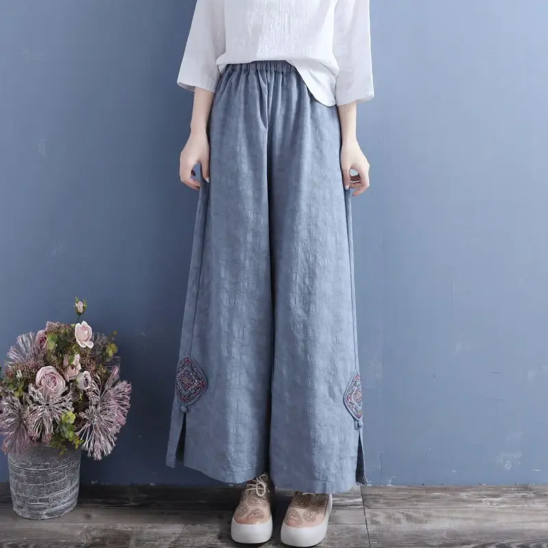 2026 Spring Summer Women Vintage Jacquard Wide Leg Pants Embroidered Frog Button Loose Trousers Thin Casual Ankle Length