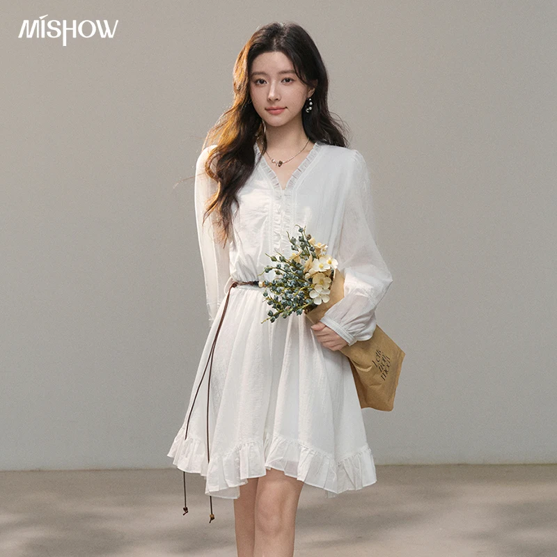 

Женское ретро-платье MISHOW с рюшами, V-образным вырезом, длинными рукавами, поясом на талии и кружевными вставками, белое, MXF13L2586