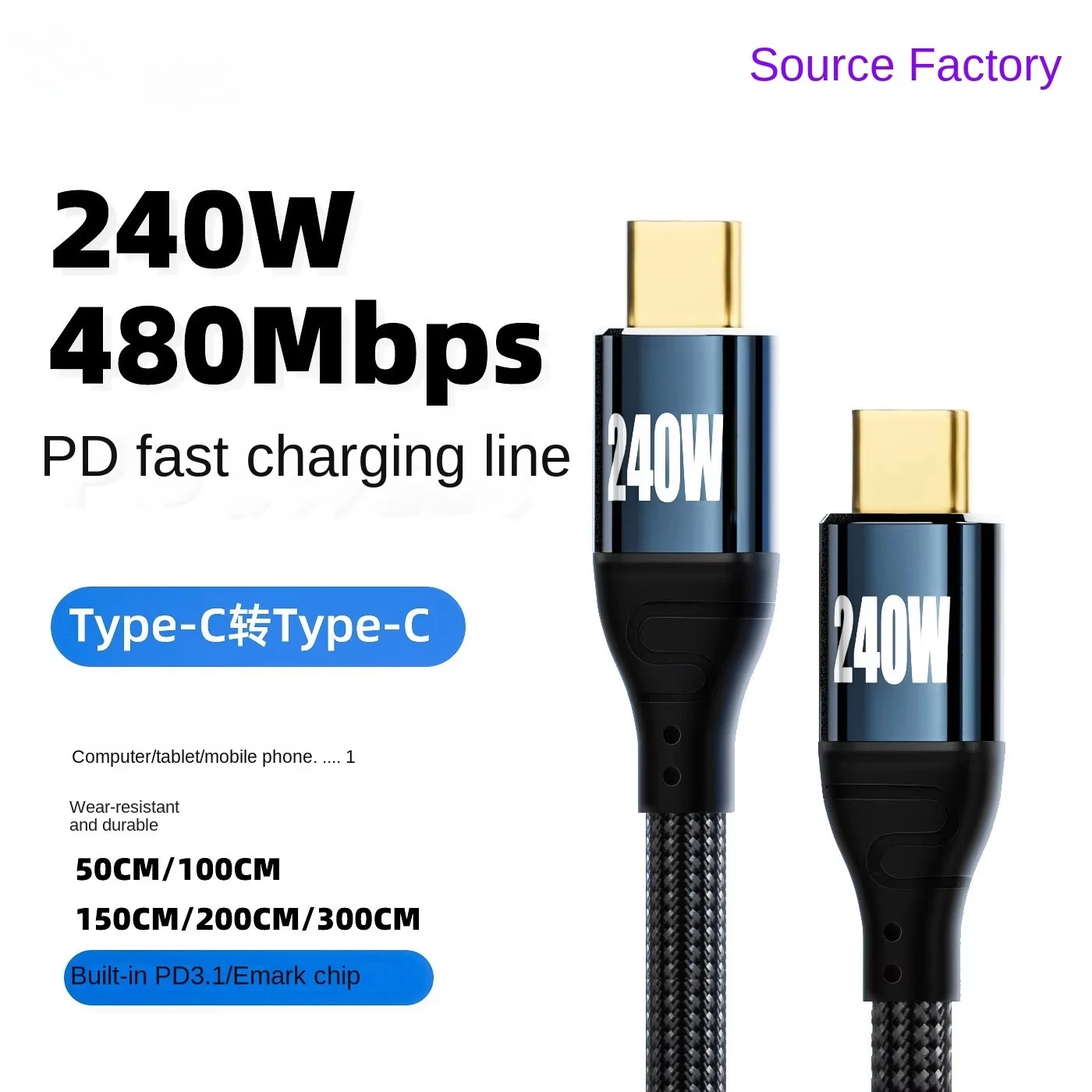 USB-C 240W Type-C Cable 480Mbps 90 Degree Right Angle 48V 5A Compatible with USB 2.0 100W Charging for Laptop Tablet Phone 10FT