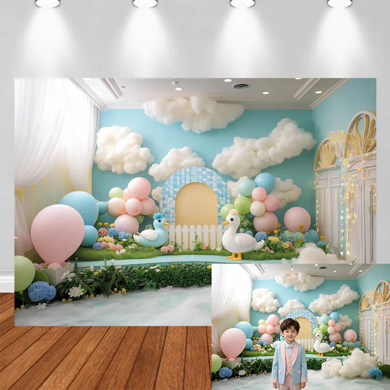 LS Photography Background White Curtain Cloud Duck Balloon Decor Birthday Cake Smash Adult Kids Portrait Photo Backdrop Studio