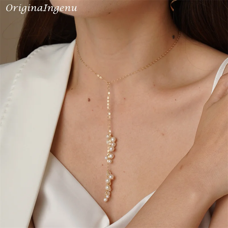 Prawdziwe 14K złoto wypełnione Y naszyjnik naturalny naszyjnik z pereł złoty naszyjnik typu Choker Handmade wisiorki Collier Femme Kolye Collares biżuteria Boho — zdjęcie 4