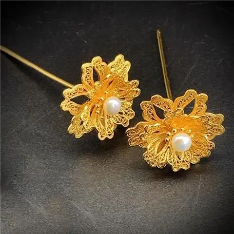 Hairpin Bride Flower Simple Pure Copper Plated Yellow Blonde Nail Filament Inlaid Pearl Hanfu Daily Jewelry