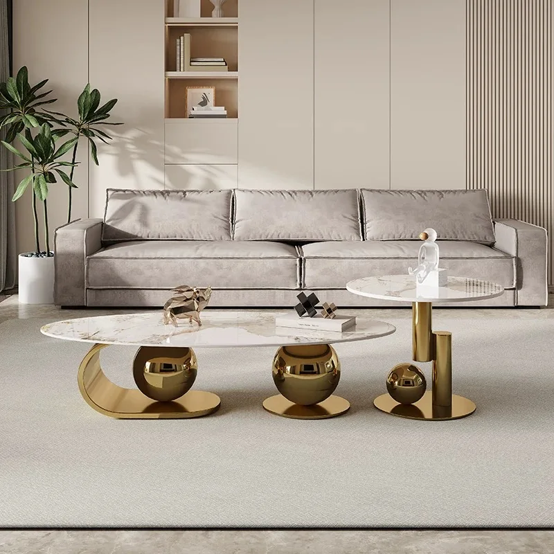 

Modern Luxury Marbleoval Gold Black Large Coffee Table Set Stainless Elegant Design Home Living Room Multifunction Furniture