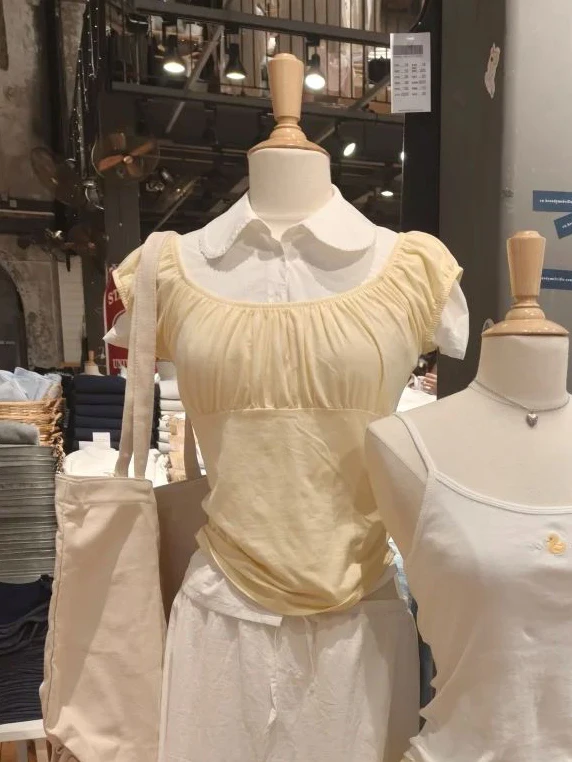 

Yellow Folds Slim T-shirt Woman Summer Square Collar Short Sleeve Cotton Tees Solid Simple Sweet Preppy Style Tshirts Y2k New