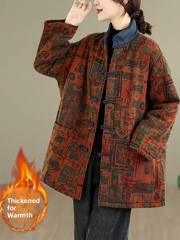 

Thiened Хлопковая куртка женская зимняя теплая свободная верхняя одежда в этническом стиле ретро китайская одежда на пуговицах с воротником-стойкой Long Sve