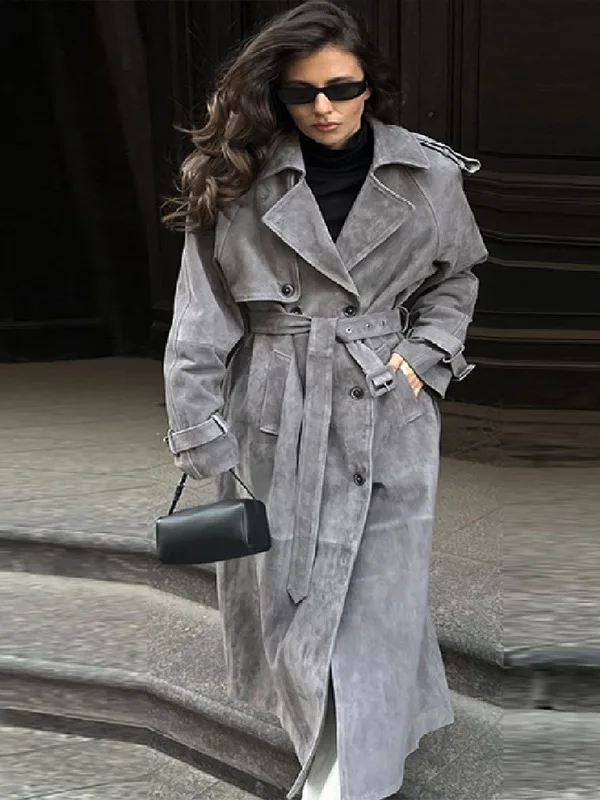 

Коричневое длинное повседневное пальто в стиле ретро, женская свободная ветровка Ele, осенне-зимняя верхняя одежда из полиэфирного волокна, для поездок на работу