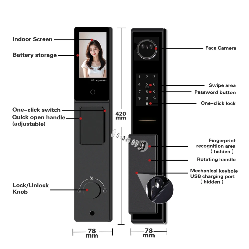 Smart Door Lock Tuya APP Face Recognition  Electronic Digital Door Lock Fully Automatic Door Lock With Camera Two-way Audio