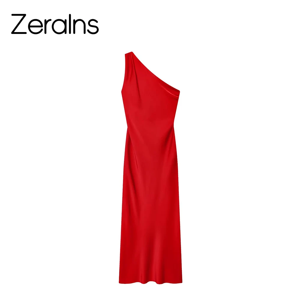 ZERAINS European and American style new women's slim and versatile dress with a silk satin texture and a MIDI long style