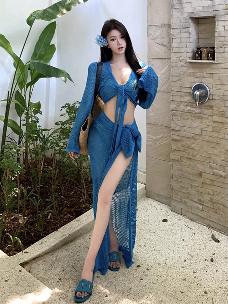 

Синий вязаный длинный комплект Sanya Spicy Girl, солнцезащитная одежда, термобикини с горячими источниками, прикрытие Vaion