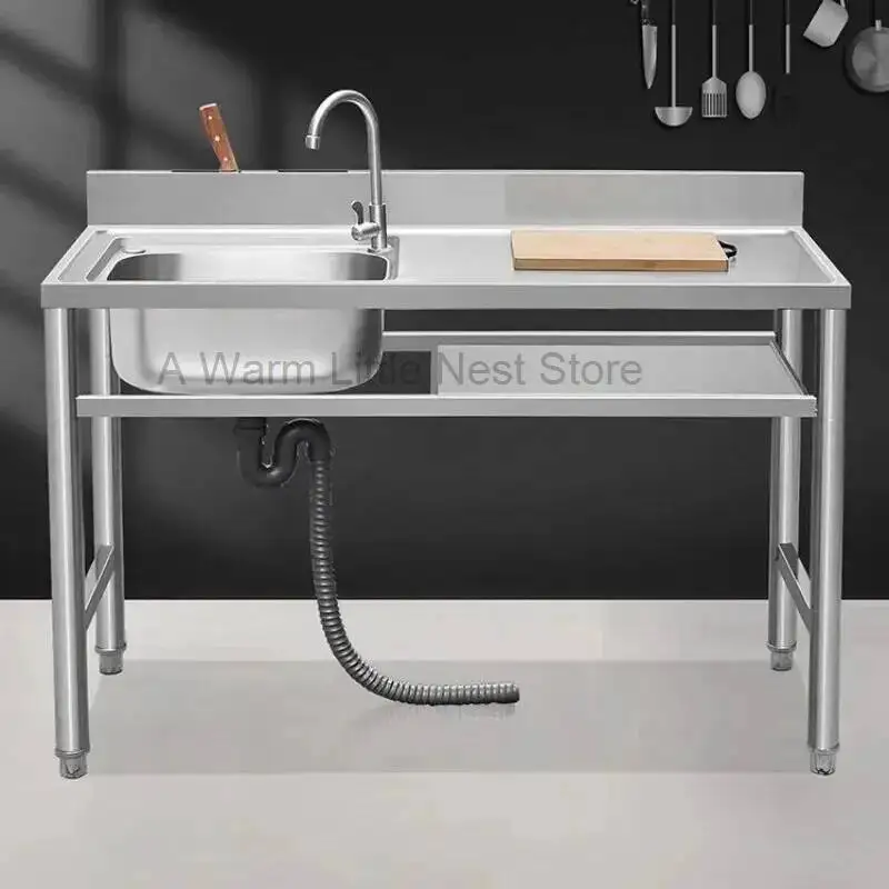 

Commercial Outdoor Dishwashing Sink Bold Stainless Steel Kitchen Sinks with Bracket Home Floor Countertop Integrated Double Sink