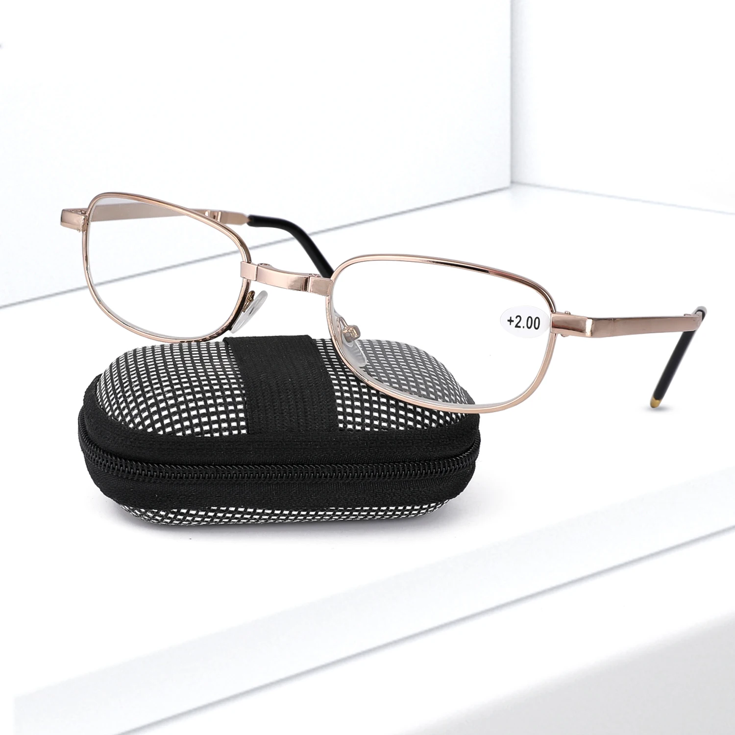 Klappbare Lesebrille Leichte rechteckige Metallrahmen tasche Faltbare Lesebrille mit kostenlosem Brillen etui