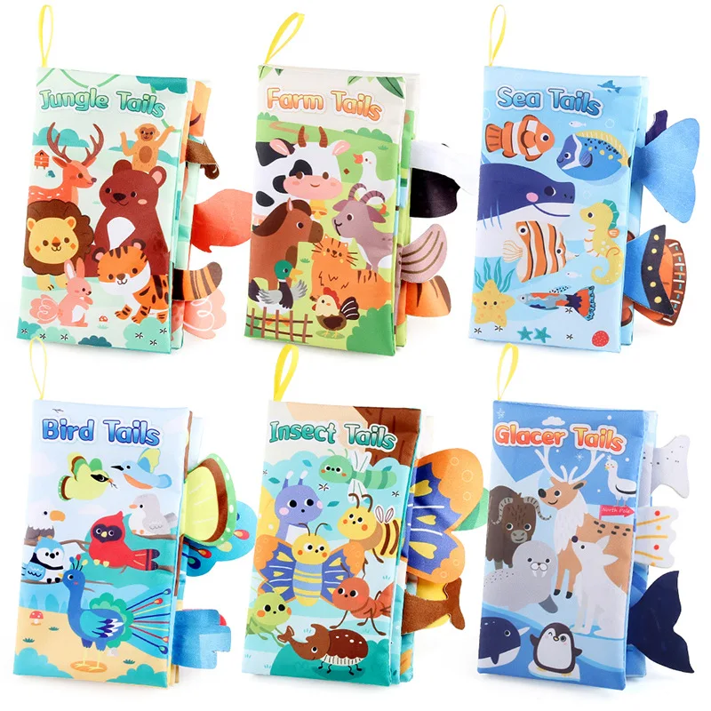 New Baby Toys Cartoon Animals Tail Baby Cloth Book Educational Ringed Paper Cloth Book Toys Enlightenment Baby Toys 0-12 Months
