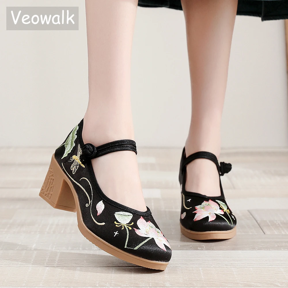 Veowalk Chinese Style Women 6cm High Block Heel Satin Cotton Fabric Shoes Comfortable Ladies Casual Embroidered Costume Pumps