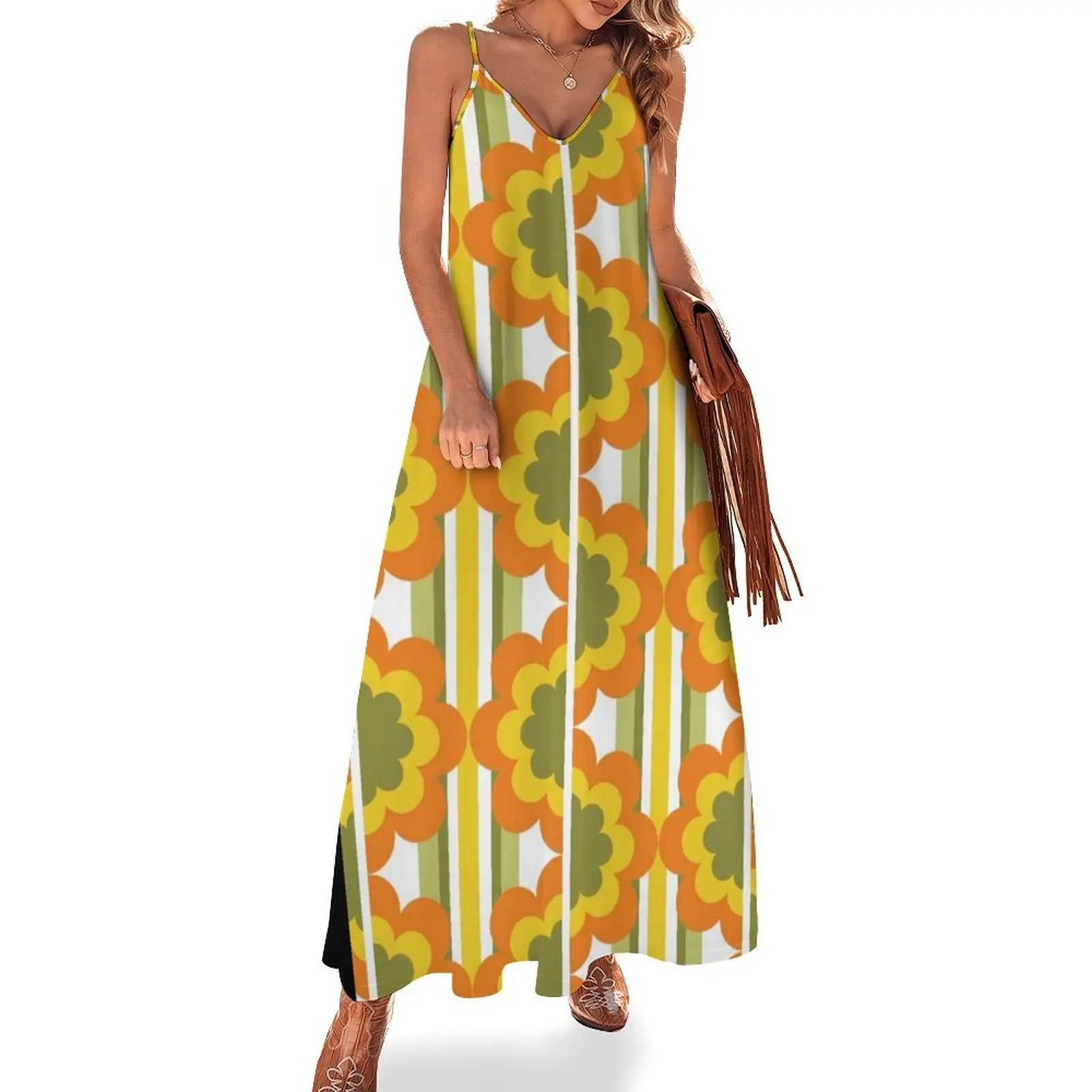 

1970's Pattern / Retro 70s Vintage Seventies style Sleeveless Long Dress women's summer dresses 2025 Dress