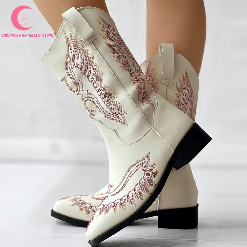 Bird Embroidery Cowgirl Chunky Heel Vintage Ankle Boots Fashion Pointed Toe Women Mid Calf Boots Brand New Comfy Shoes For Women