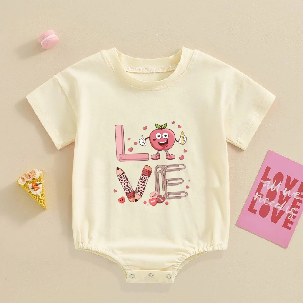 

Adorable Baby Bubble Romper with Letter Print Short Sleeves Triangle Bodysuit Fashion Jumpsuit Spring Summer Newborn Clothing