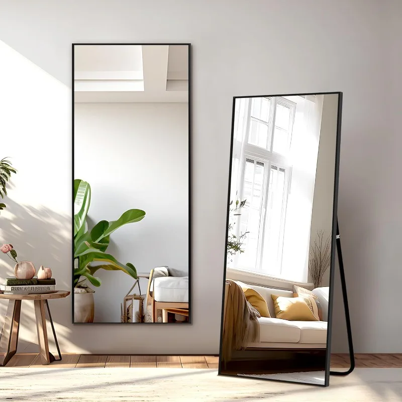 

Full Length Mirror with Stand, 56"x19" Aluminum Alloy Frame Floor Mirror, Black, Shatter-Proof Glass - Free Standing