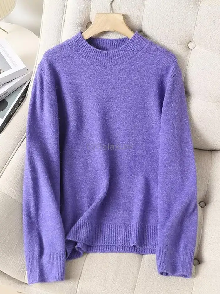 CNlalaxury High Quality Women Purple Loose Knitted Sweater Jumper Female Elegant Solid Soft Simple Long Sleeve Pullovers