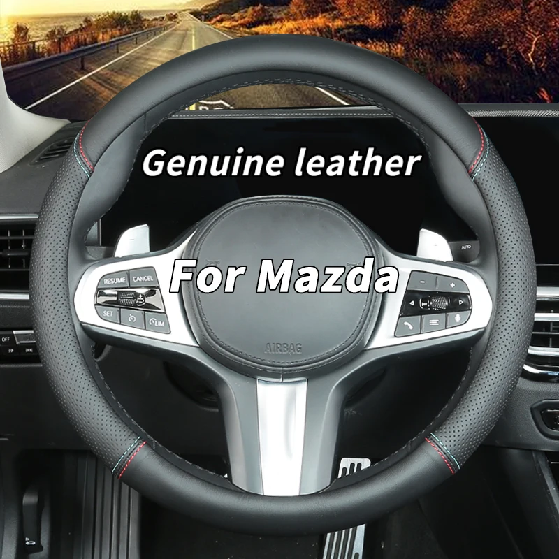 Custom-Fit for Mazda Steering Wheel Cover, Genuine Leather Steering Wheel Cover, Non-Slip, Breathable, for Mazda Accessories