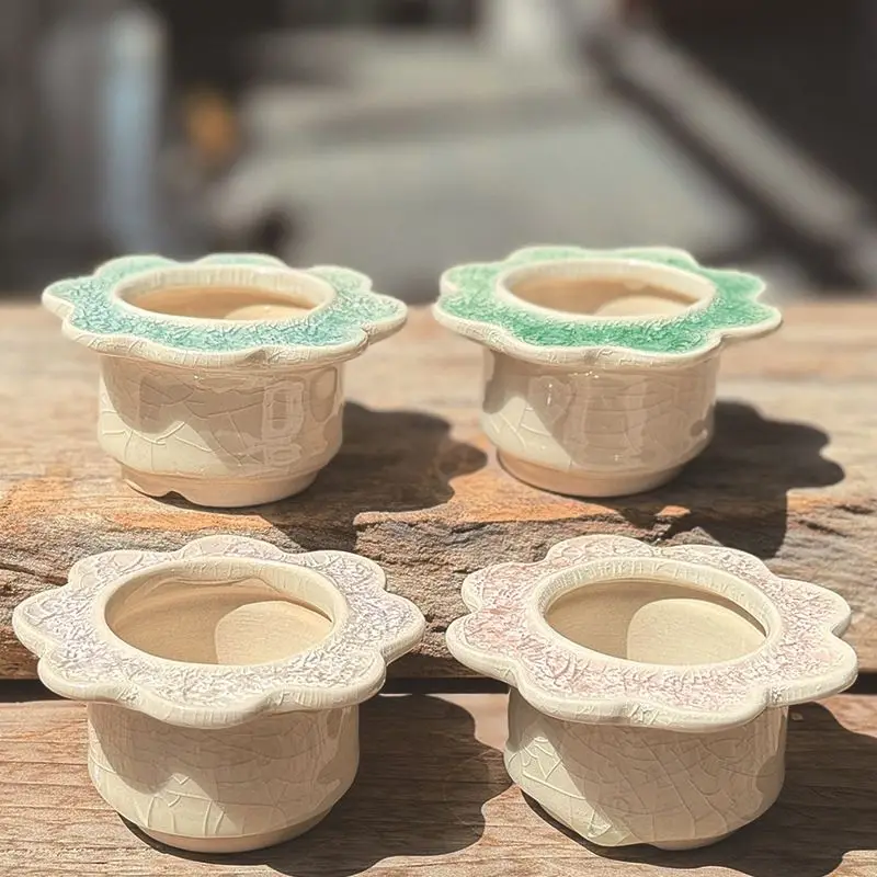 New Succulent Flower Pot Opening Glazed Green Plant Cactus Desktop Small Potted Plant Ice Cracked Small Flower Pot Combination