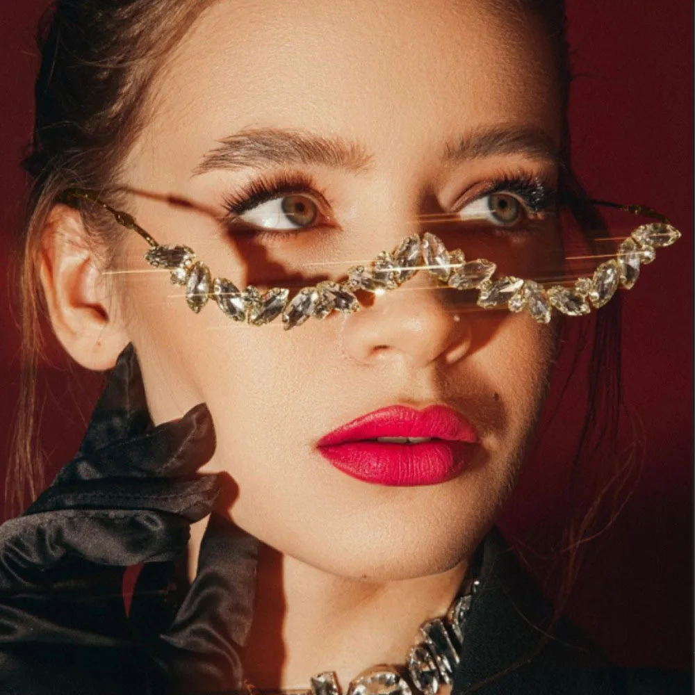 Crystal Rimless Statement Eyewear Clear CZ Rhinestone Leaf Half Face No Lens Glasses Carnival Wedding Club Party Costume