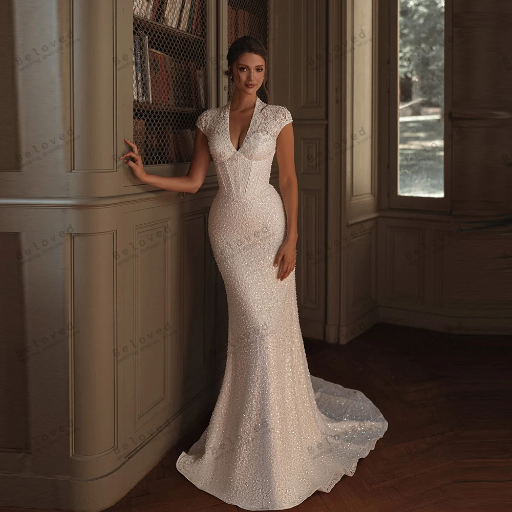 

Изящные свадебные платья Изысканные свадебные платья с аппликациями из бисера с короткими рукавами и глубоким V-образным вырезом Vestidos De Novia по индивидуальному заказу 2026