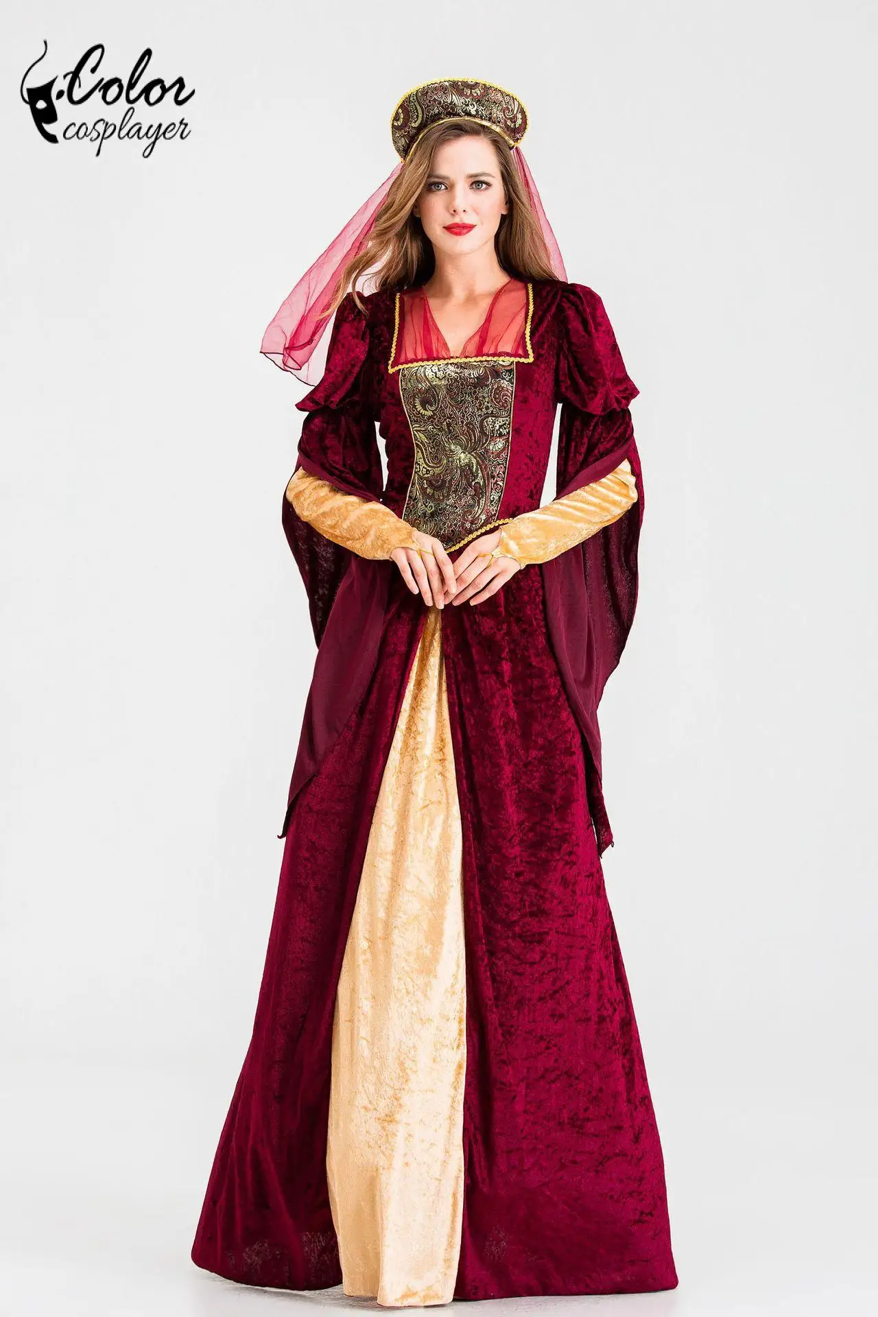 كرنفال سيدة ثوب القرون الوسطى الملكة تأثيري حلي خمر المحكمة الملكية الحمراء فستان مهرجان حفلة رداء مرحلة الأداء الزي #4