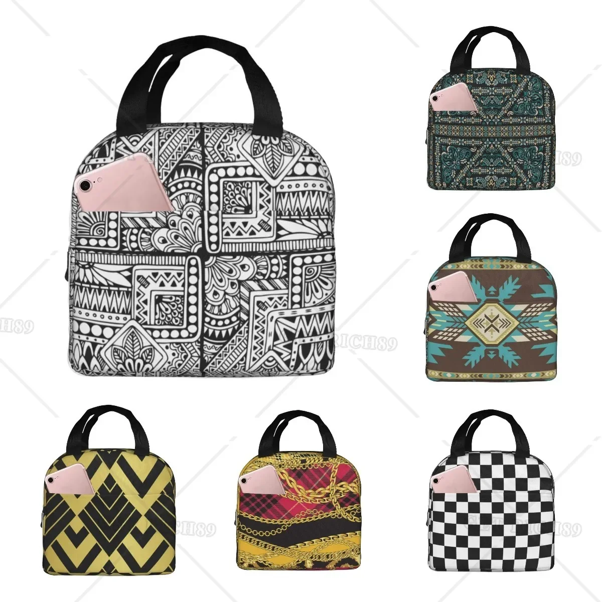 

Black White Textures Colorful Lunch Bag Reusable Insulated Leak Proof Lunch Tote with Portable for Women Men Work Office Picnic