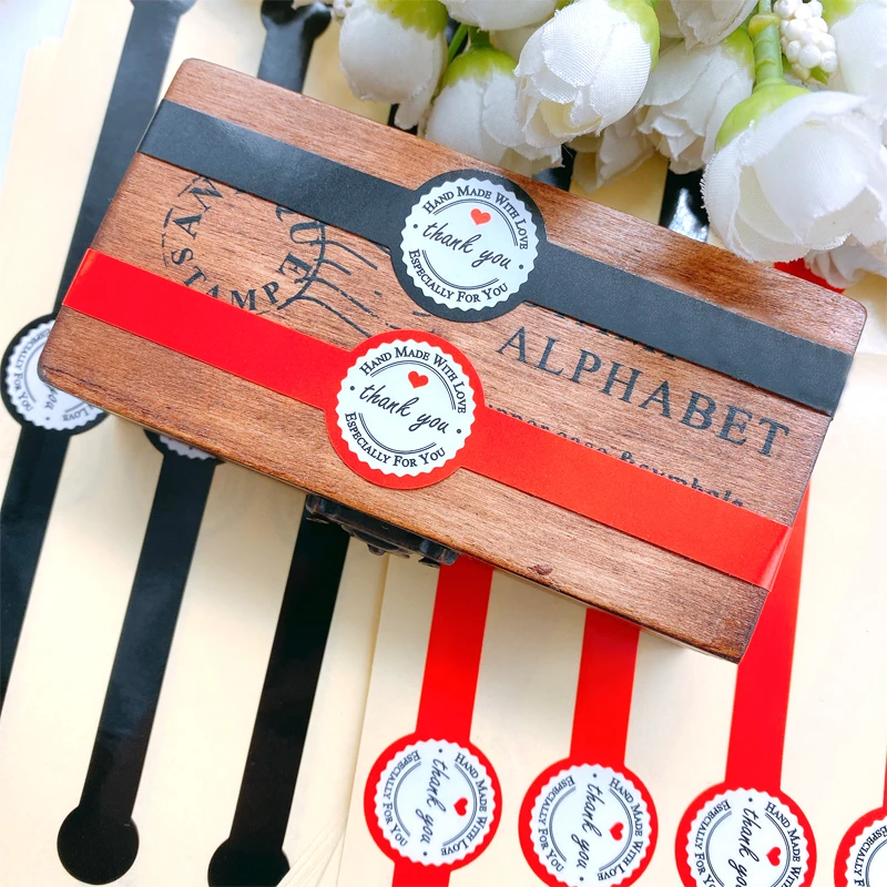 50pcs Red Black Thank you Long Round Lollipop Design Kraft Paper Sticker For Handmade Products Gift Package Seal Label