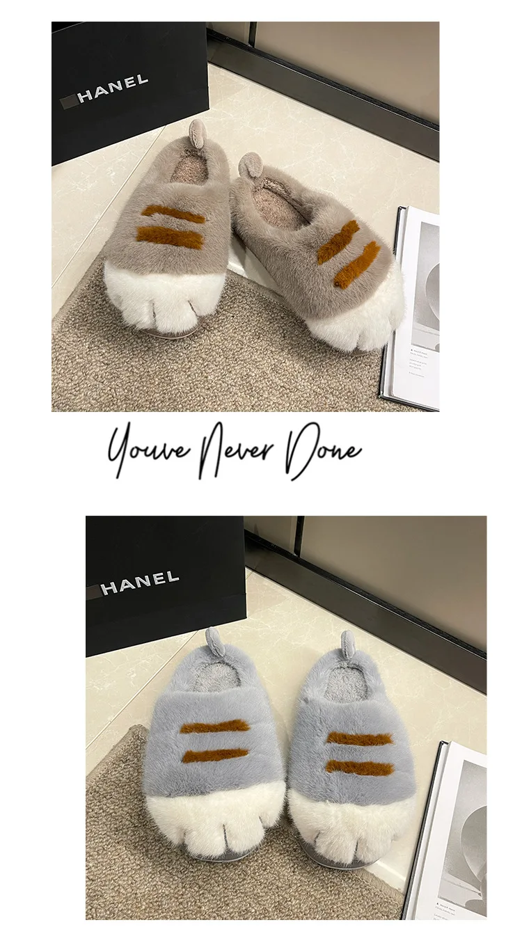 Ins Katzenpfoten-Hausschuhe für Erwachsene, Winter-Flip-Flops, warme Fell-Slides, flauschige Kätzchen-Hausschuhe, Unisex-Hausschuhe mit Tierkrallen-Design, Herren – Detail 14