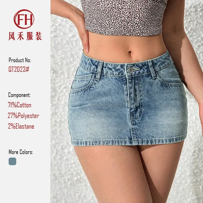 Y2K Women's Skirt High Waist Cotton Mini Skirt Washed Solid Denim Skirt Front Button Zipper Fly Pencil Skirt Slim Fit Distressed