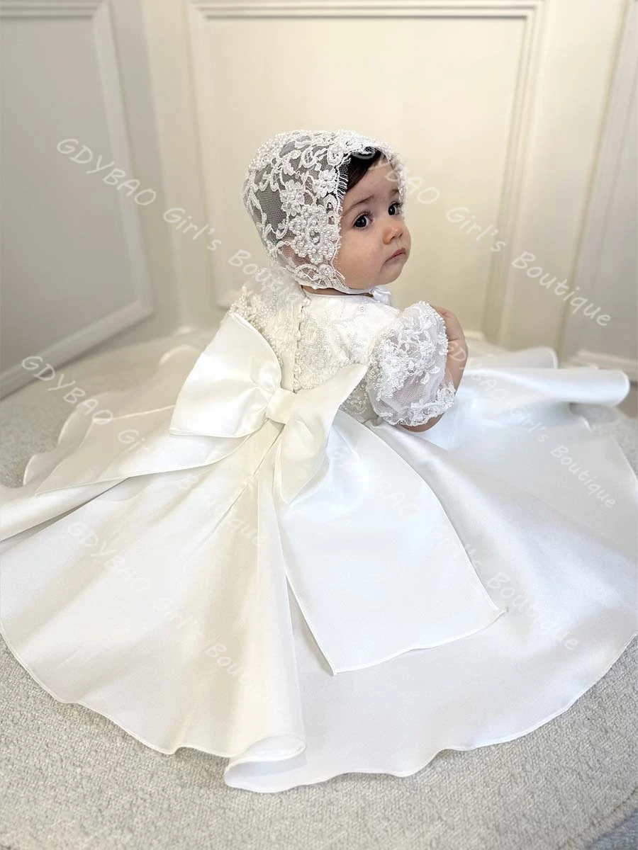 White Baptism Dress for Baby Girls 2 Piece Short Sleeve Christening Dress with Beaded Lace Bonnet Customized Flower Girl Gown