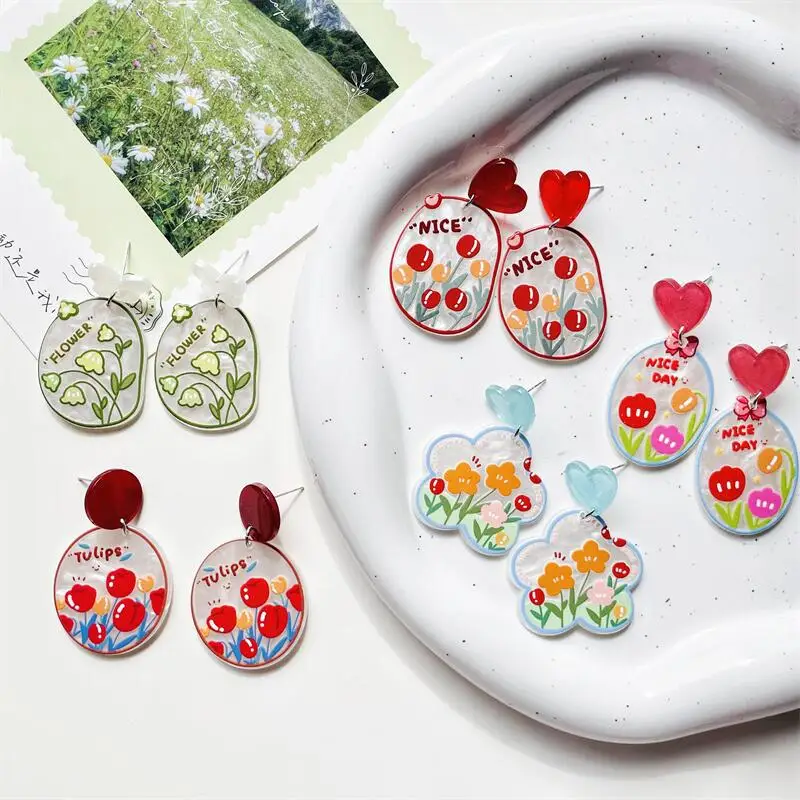 2023 Wholesale Tulip Flower Water Pattern Oval Bowknot Lily of The Valley Sweet Acrylic Earrings for Women Girl