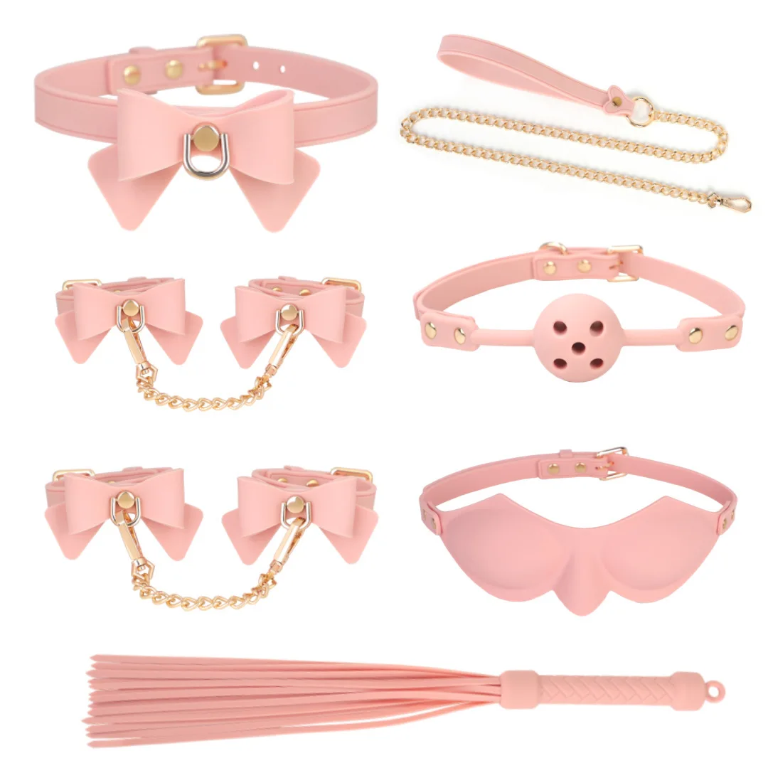 Premium Silicone Bowknot Bondage Kit 7Pcs BDSM Restraint Set Collar Handcuffs Gag Whip Cosplay Adult Toys for Couples