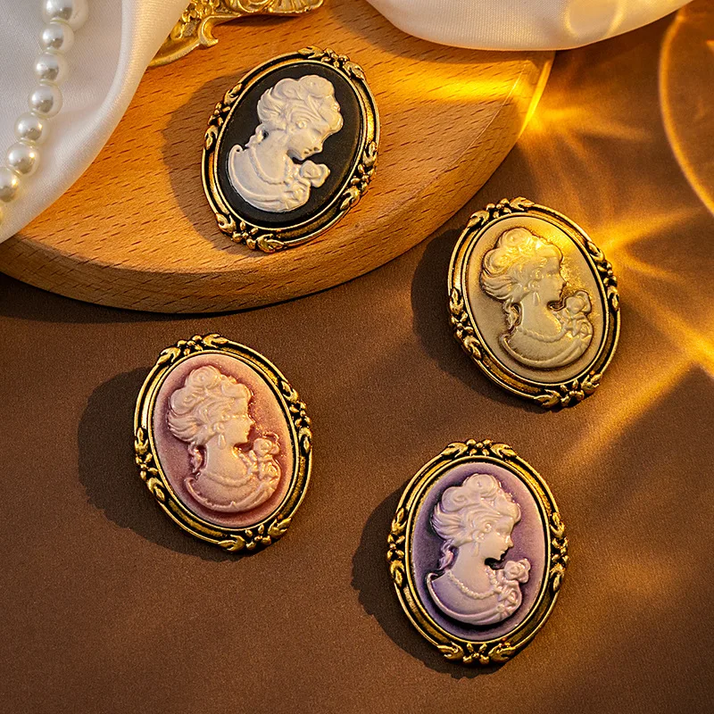 Creative French Medieval Relief Beauty Head Brooch High Vintage Court Style Portrait Badge Clothes Accessories Female